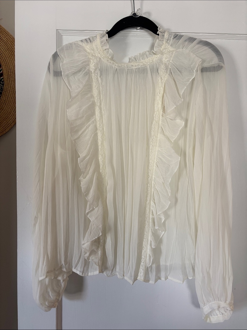 Zara Ivory Ruffle Sheer Long-Sleeve Blouse